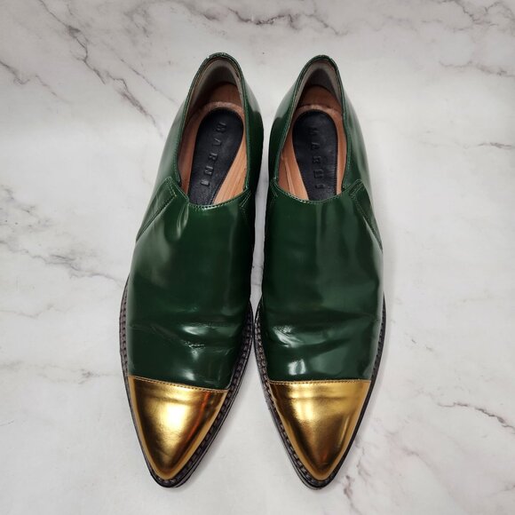 Marni Green Leather Flats with Gold Accents - Picture 2 of 10